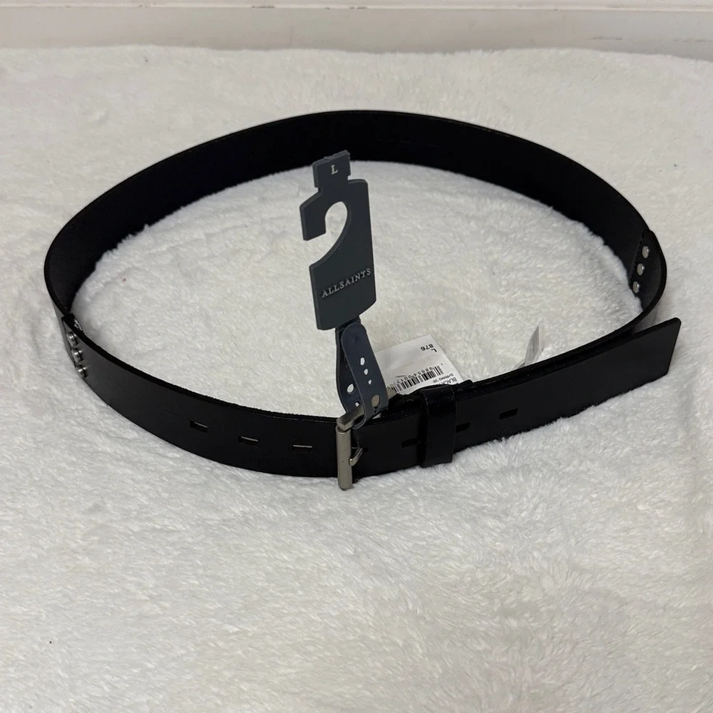 AllSaints Women’s Geometric Silver Studded Black Leather Belt - Sz Large, NWT